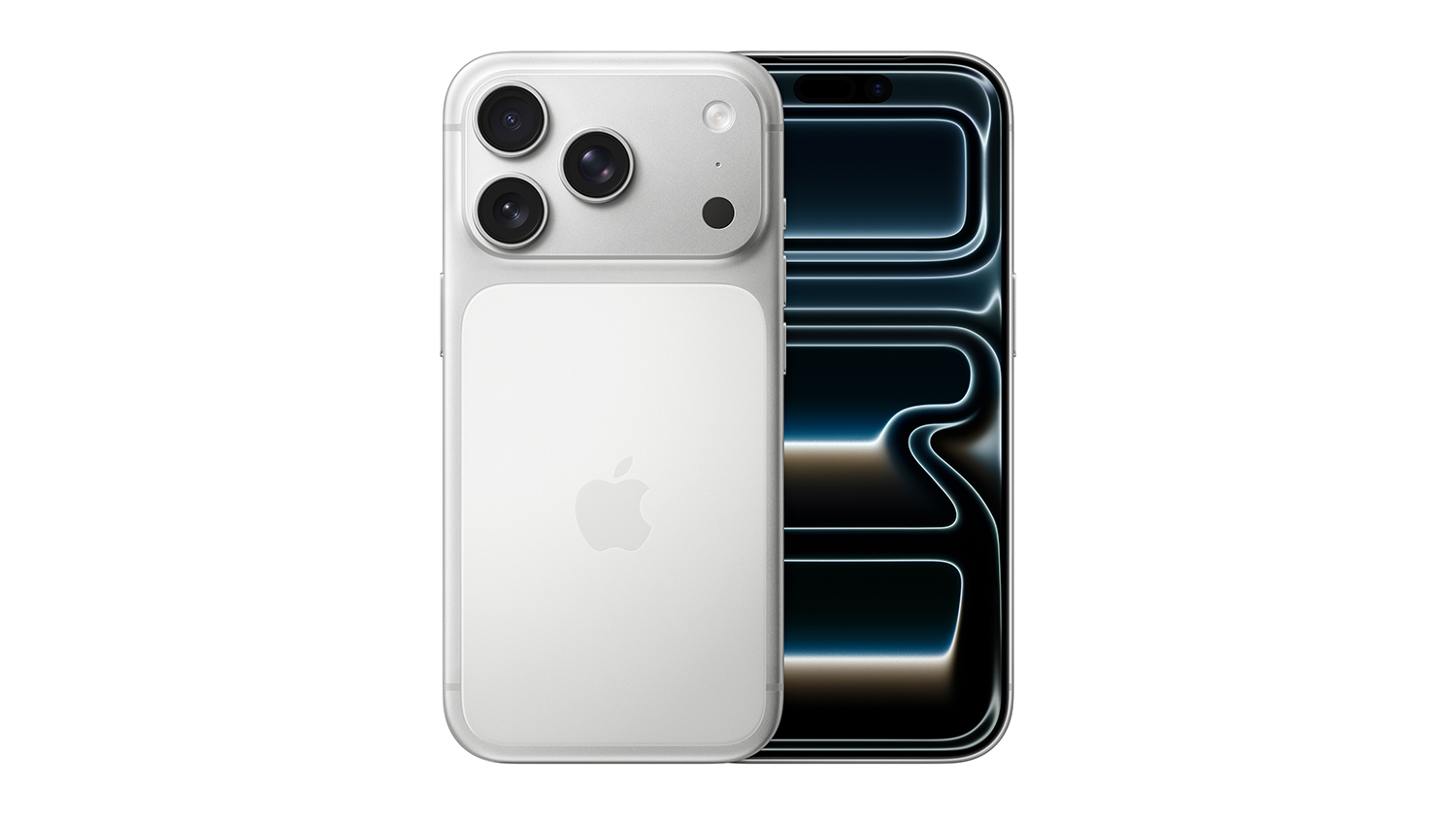 A front and back view of the Silver iPhone 17 Pro unit, showing the screen and triple rear camera system