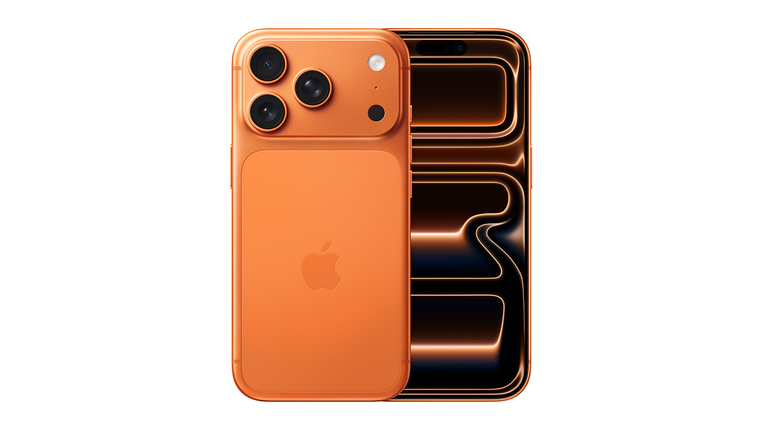 A front and back view of the Cosmic Orange iPhone 17 Pro unit, showing the screen and triple rear camera system