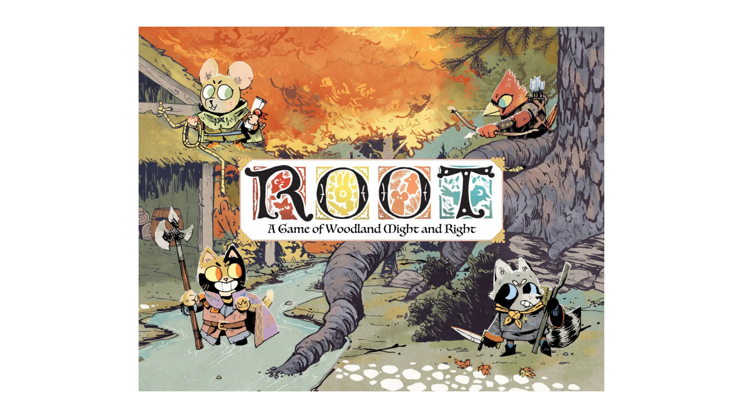 Cover of the Root board game with forest animals preparing for battle