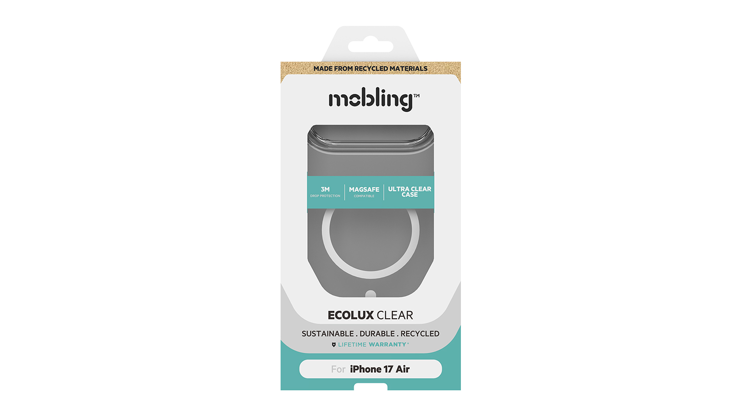 Packaging of the Mobling Ecolux Case with text “Sustainable, Durable, and Recycled”