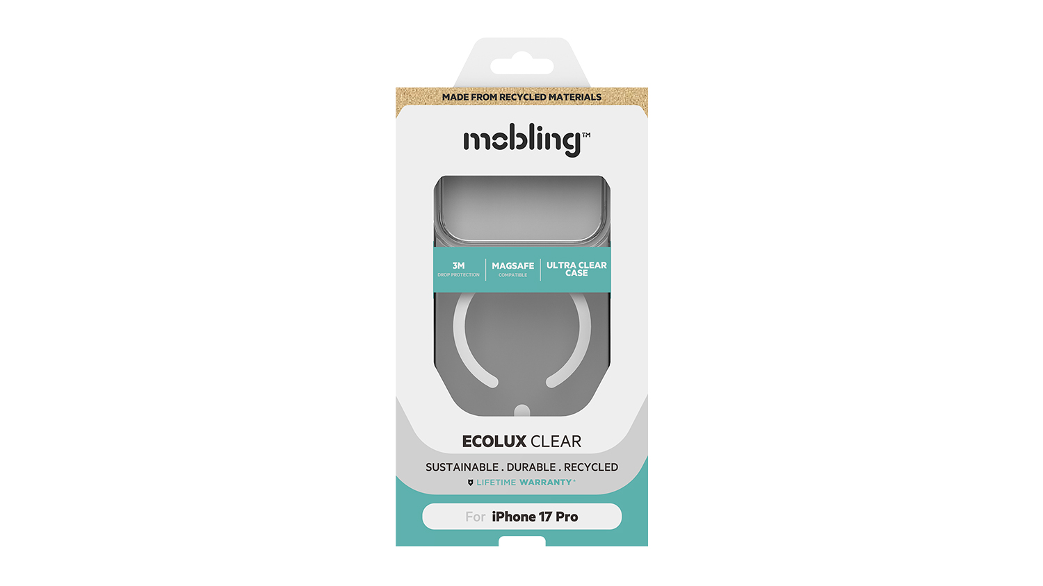 Packaging of the Mobling Ecolux Case with text “Sustainable, Durable, and Recycled”