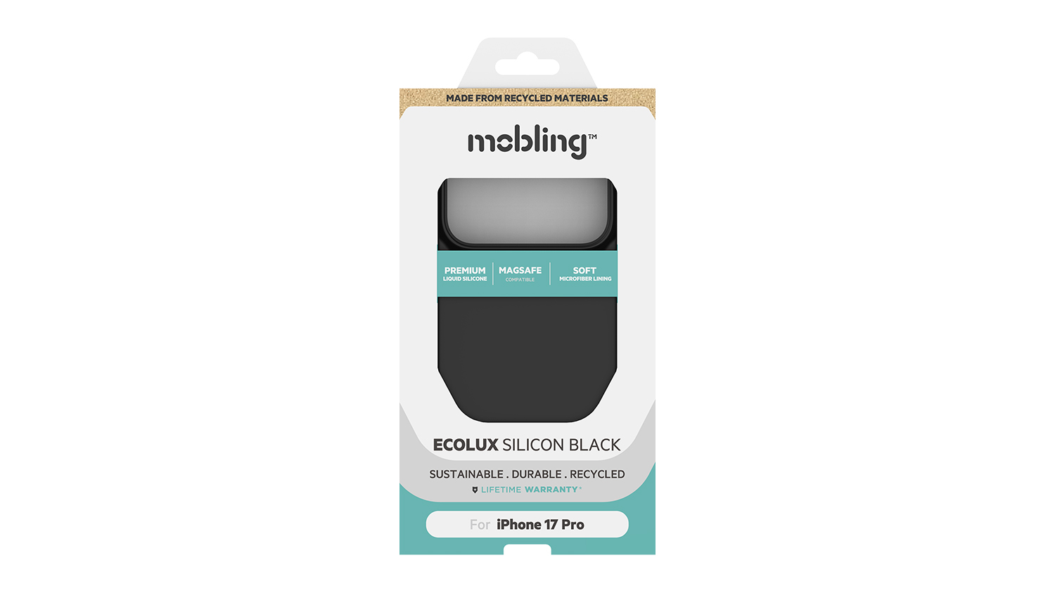 Packaging of an Ecolux Silicone Case with text “Sustainable, Durable, and Recycled”