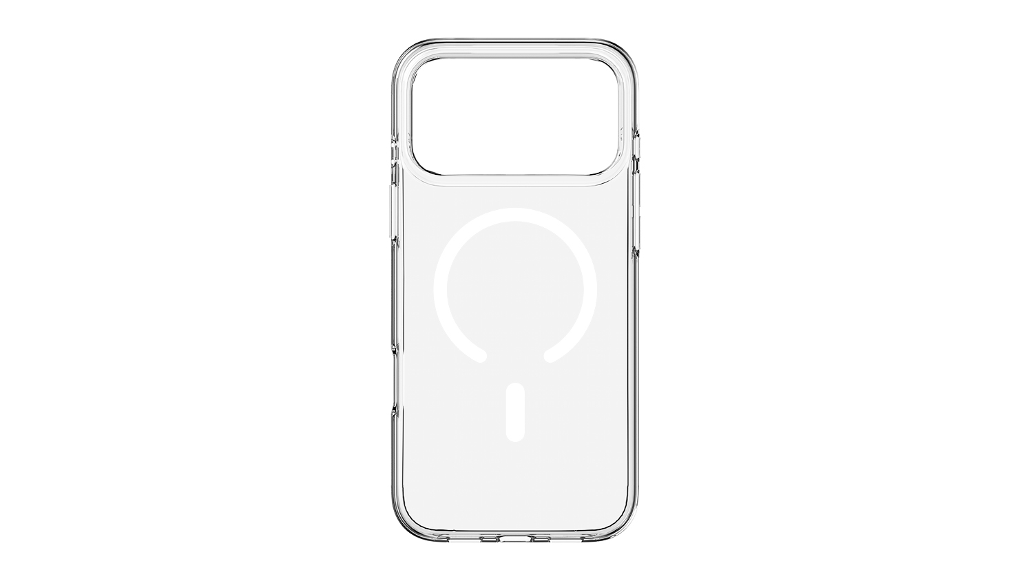 Front view of a clear phone case with MagSafe support
