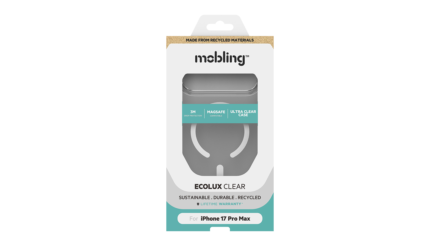 Packaging of the Mobling Ecolux Case with text “Sustainable, Durable, and Recycled”