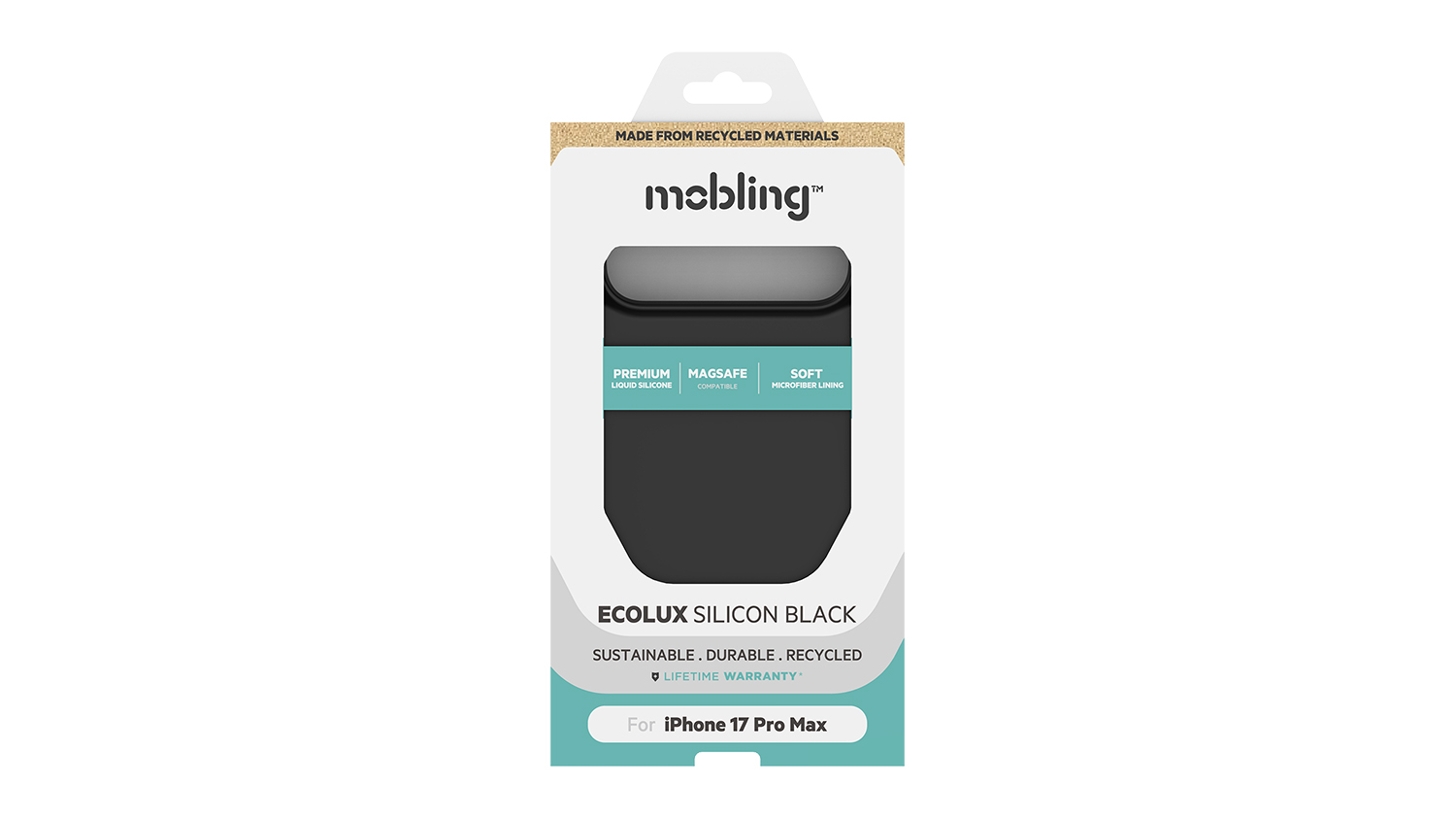 Packaging of an Ecolux Silicone Case with text “Sustainable, Durable, and Recycled”