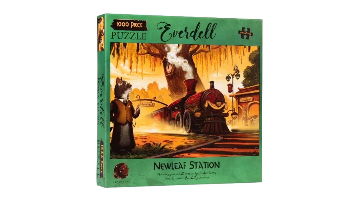 Everdell Newleaf Station puzzle box with a fox in a coat near a train station