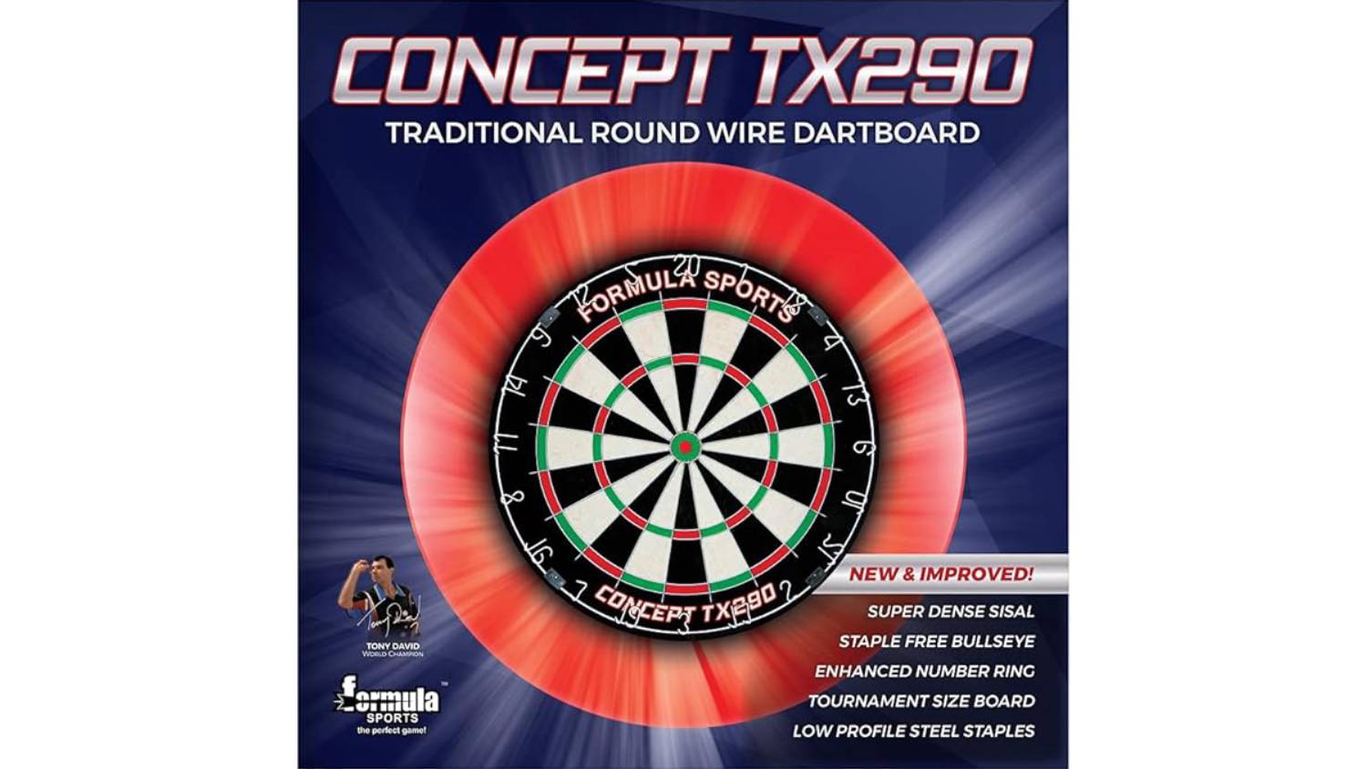 The Concept TX290 dartboard featuring the board image, key features, and a photo of darts champion Tony David