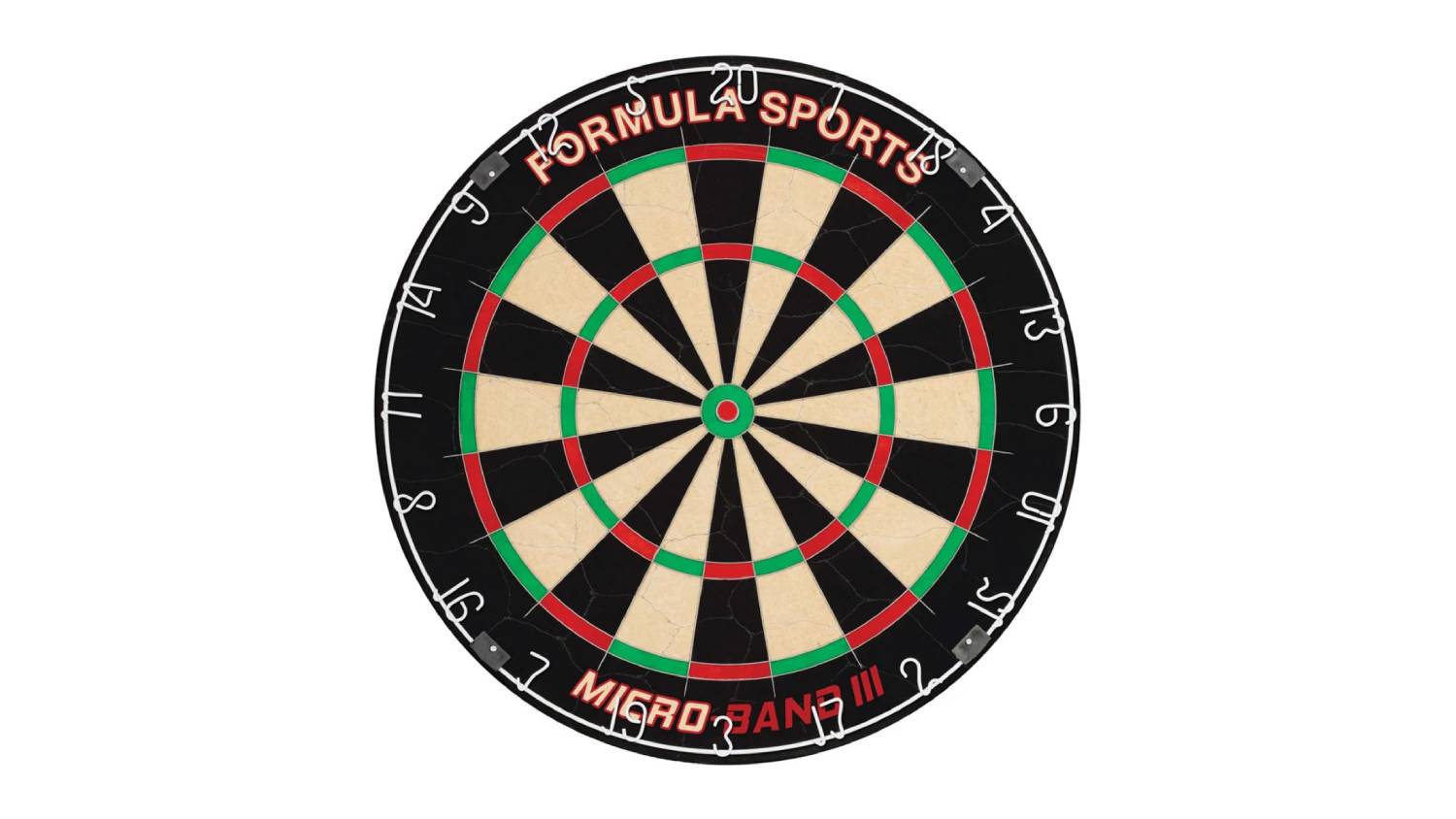 A Formula Sports Micro-Band III Wire Dartboard with black, cream, red, and green scoring sections