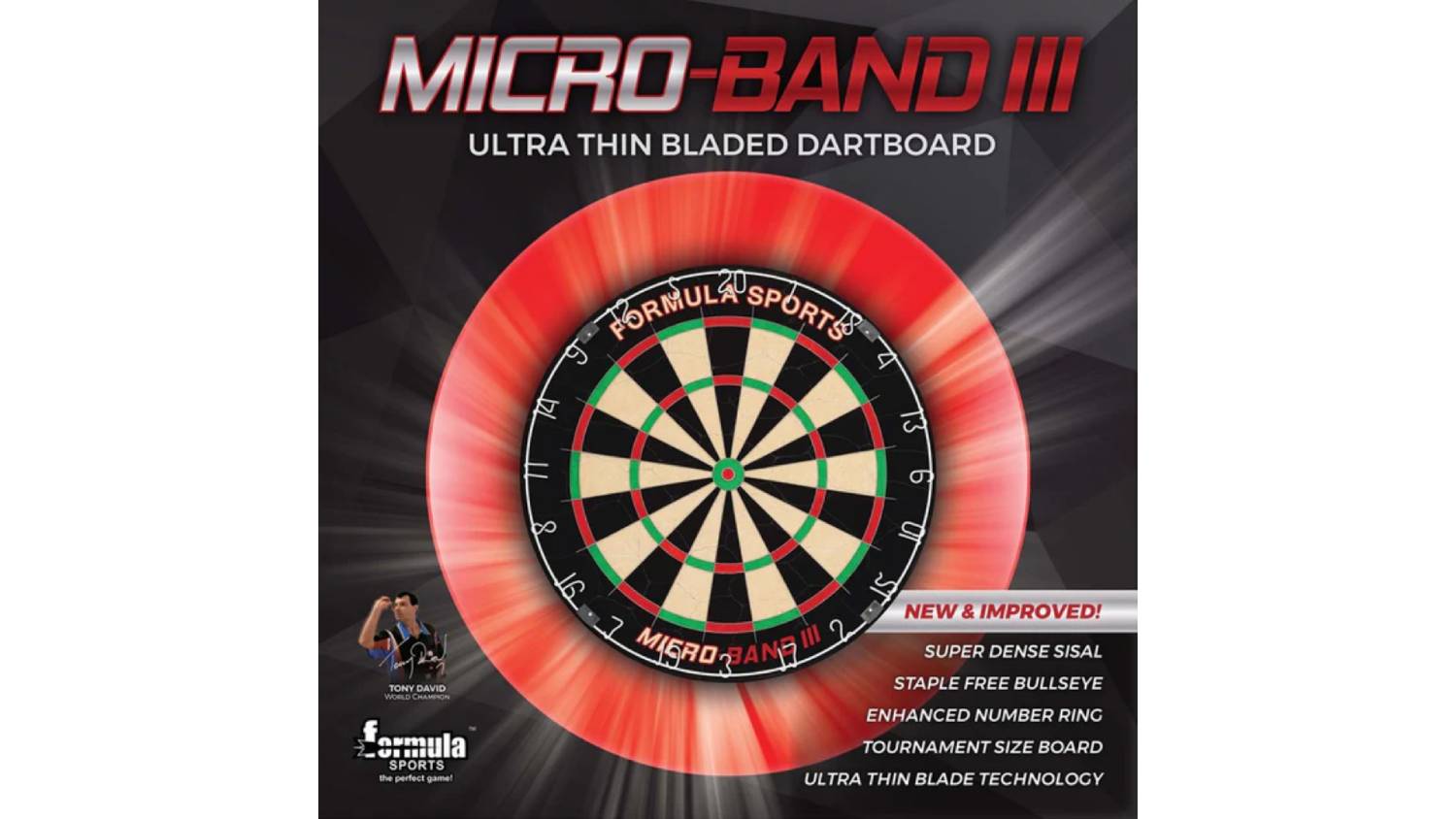The Micro-Band III Dartboard featuring the board image, key features, and a photo of darts champion Tony David