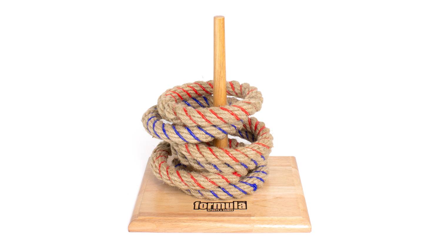 A wooden base with a vertical peg and stacked rope rings, labelled "Formula Sports & Games"