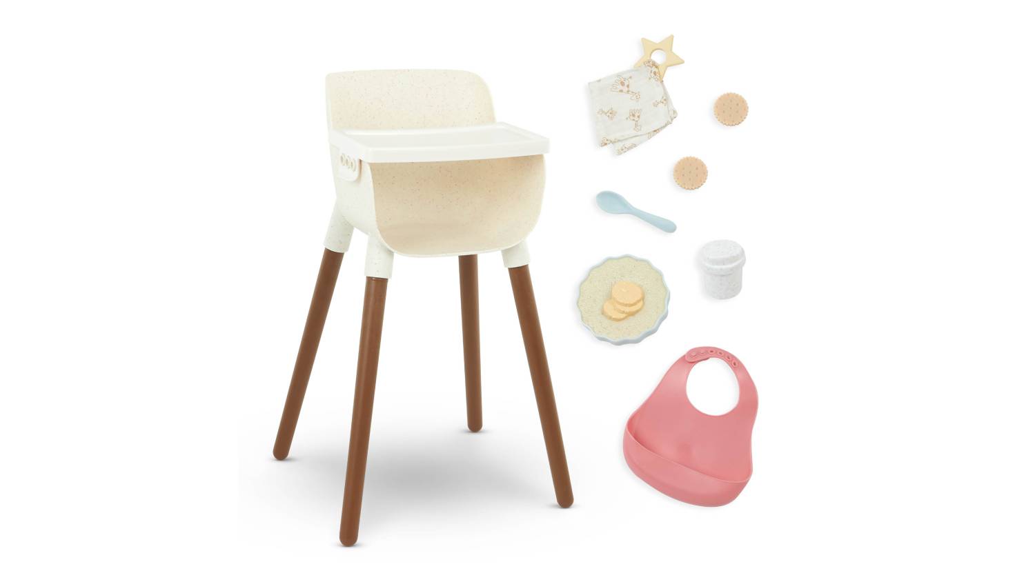 A LullaBaby high chair with brown legs and a white seat, shown with feeding accessories
