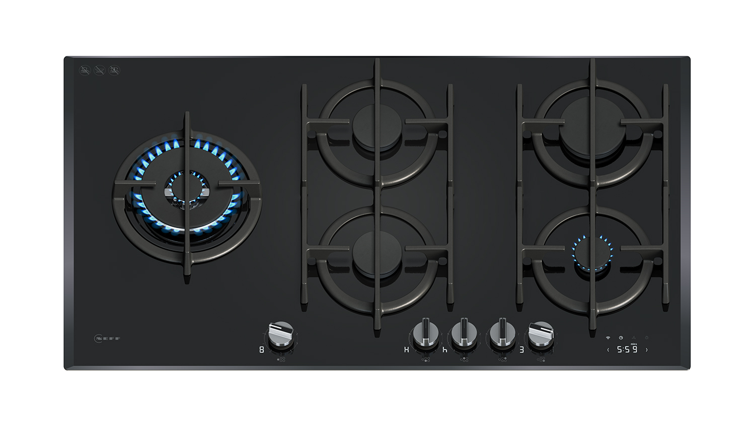 A top view of a 5 burner gas cooktop