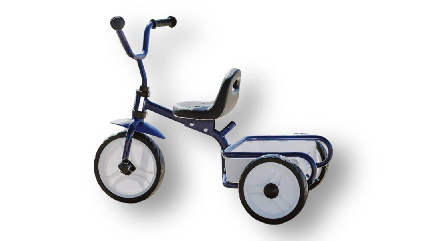 A blue Triang Tuff Trike 2.0 with white wheels, black seat, and push bar