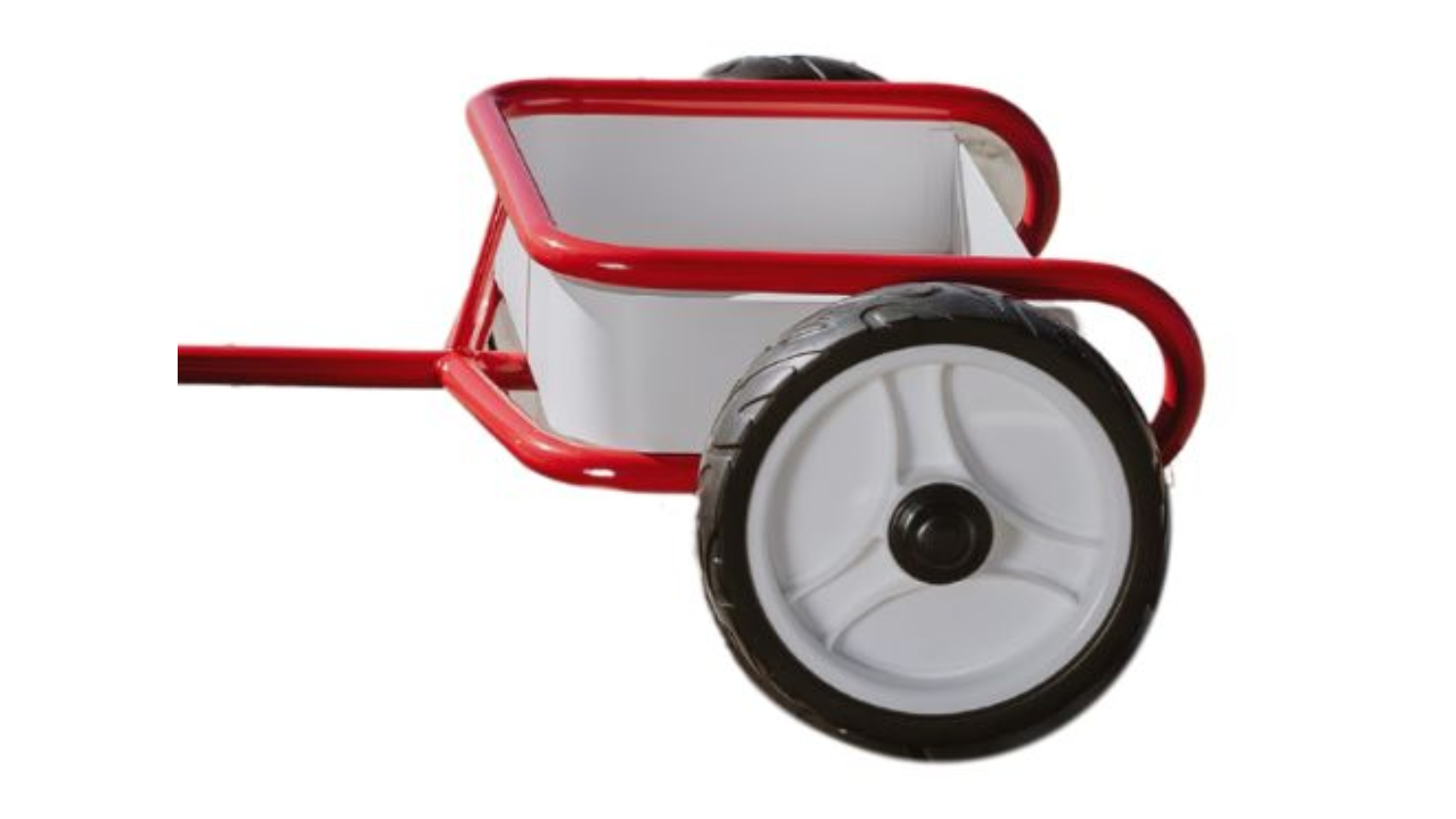 A close-up of a small cart featuring a red metal frame and a white plastic container