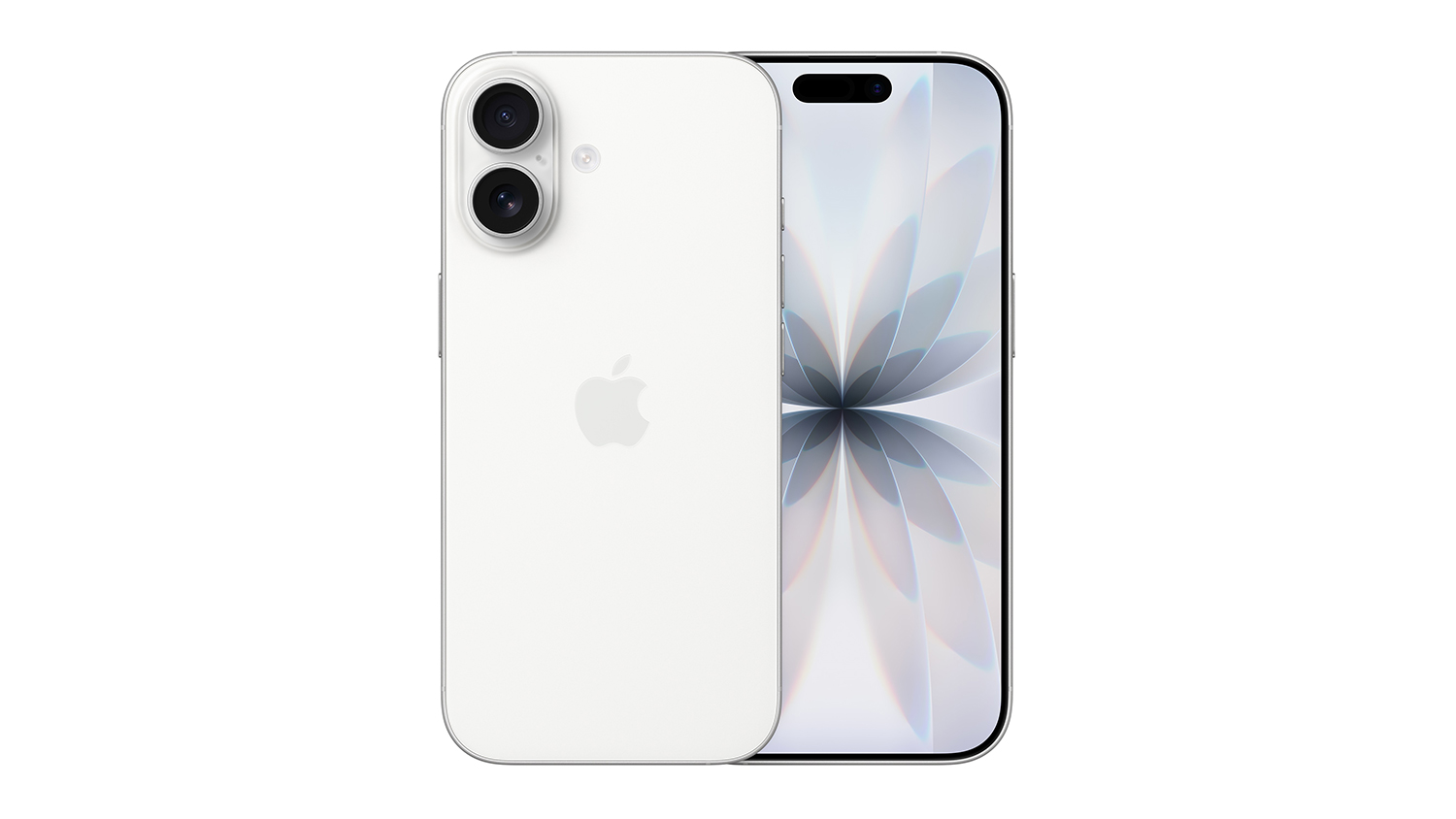 A front and back view of the White iPhone 17 unit, showing the screen and dual rear camera