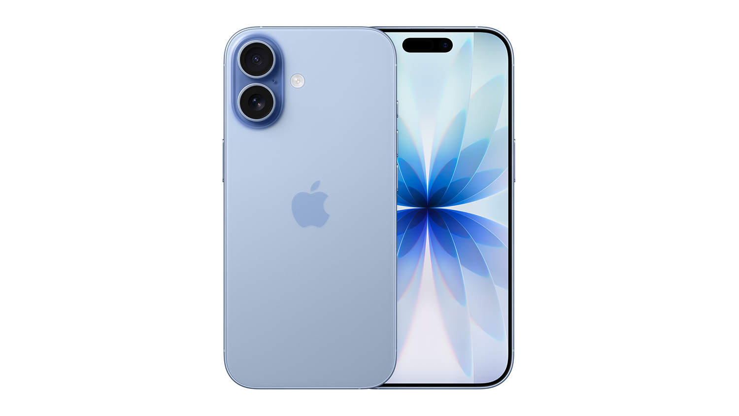 A front and back view of the Mist Blue iPhone 17 unit, showing the screen and dual rear camera
