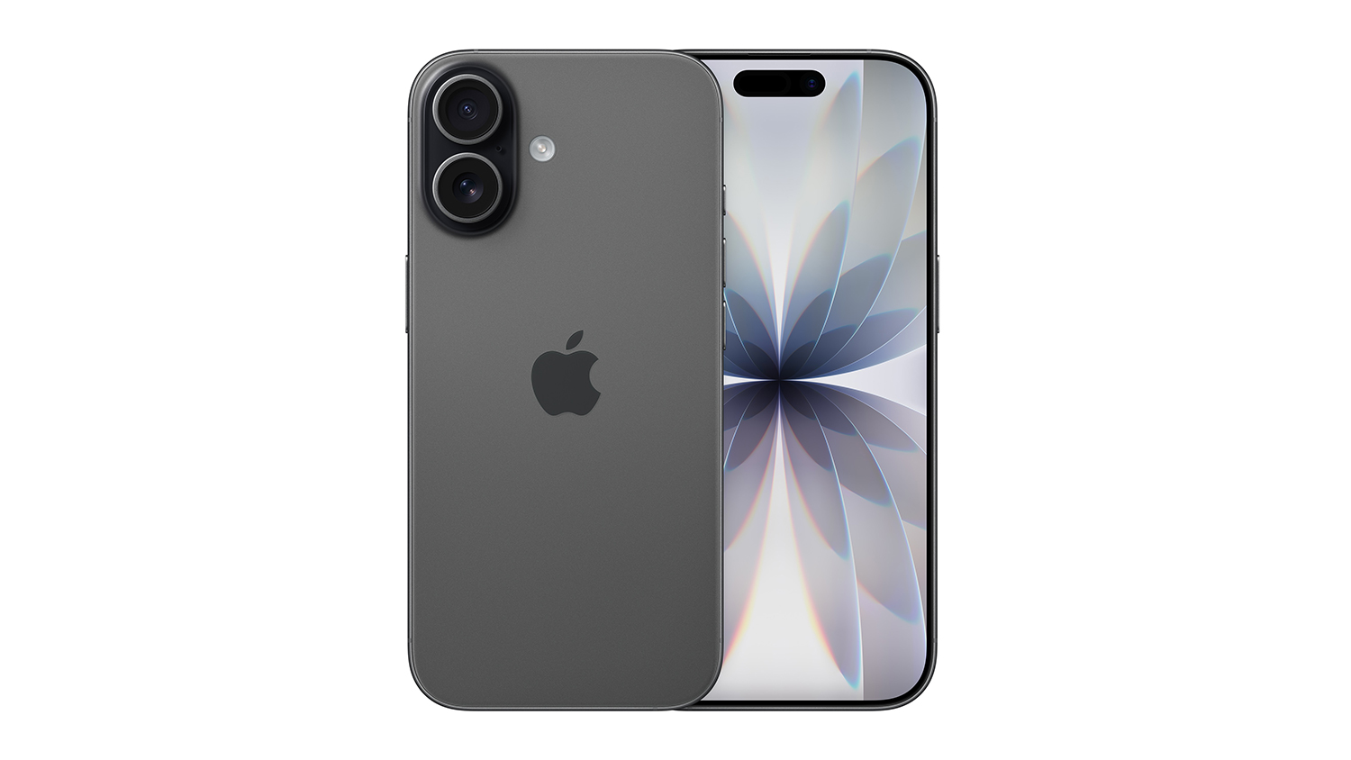 A front and back view of the Black iPhone 17 unit, showing the screen and dual rear camera