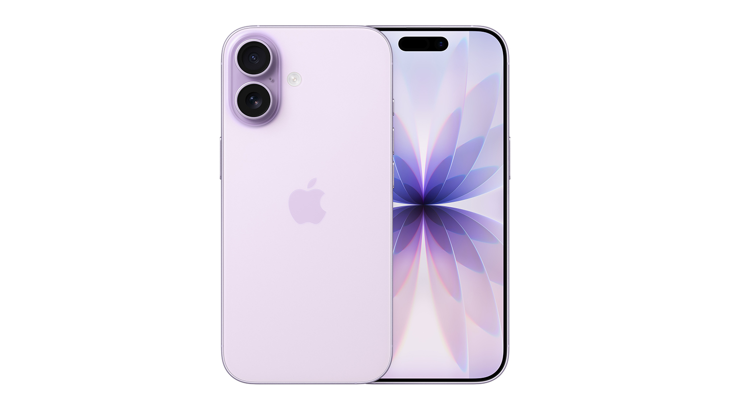 A front and back view of the Lavender iPhone 17 unit, showing the screen and dual rear camera