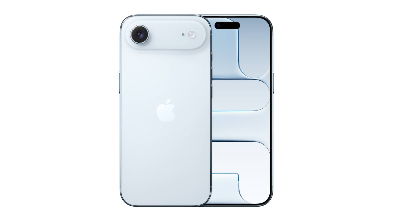A front and back view of the Sky Blue iPhone 17 Air unit, showing the screen and single rear camera