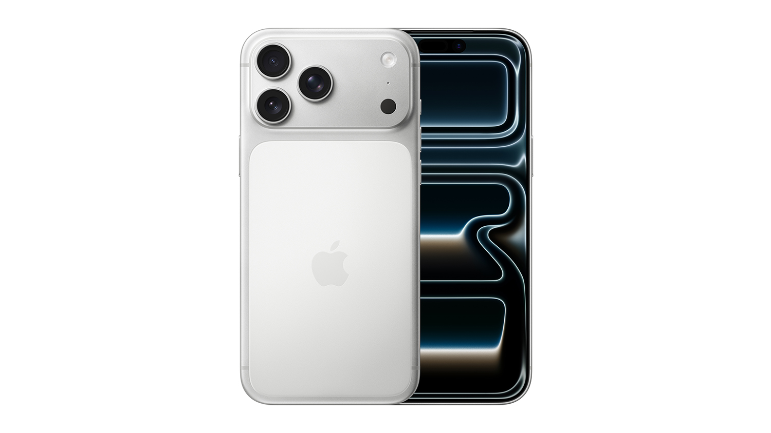 Front and back view of silver iPhone 17 Pro Max with screen and triple-lens camera visible