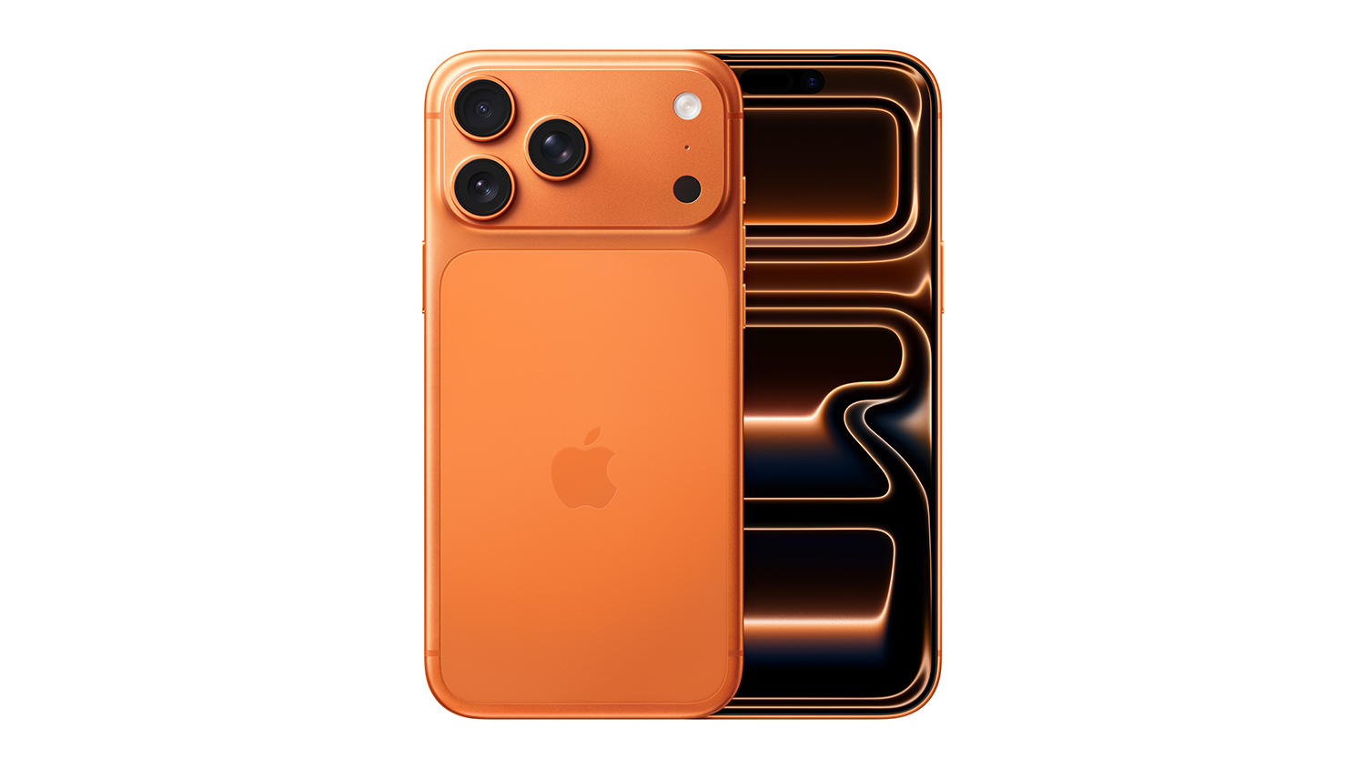 Front and back view of orange iPhone 17 Pro Max with screen and triple-lens camera visible