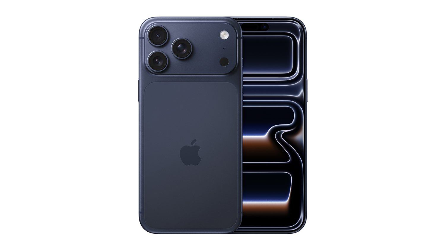 Front and back view of Deep Blue iPhone 17 Pro Max with screen and triple-lens camera visible