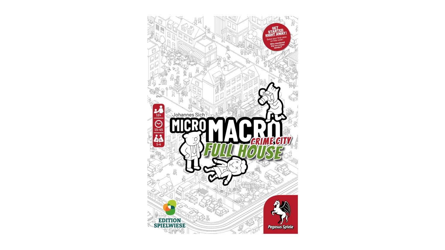 A MicroMacro Crime City Full House cover with cartoon cityscape, detectives, and game details for 1–4 players