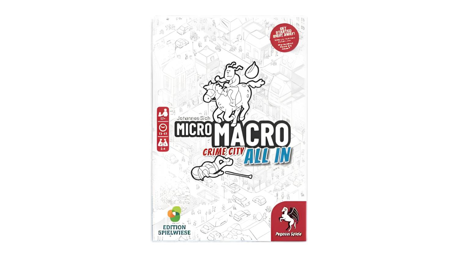 A MicroMacro Crime City All In cover with a cartoon cityscape, detectives, and game details for 1–4 players