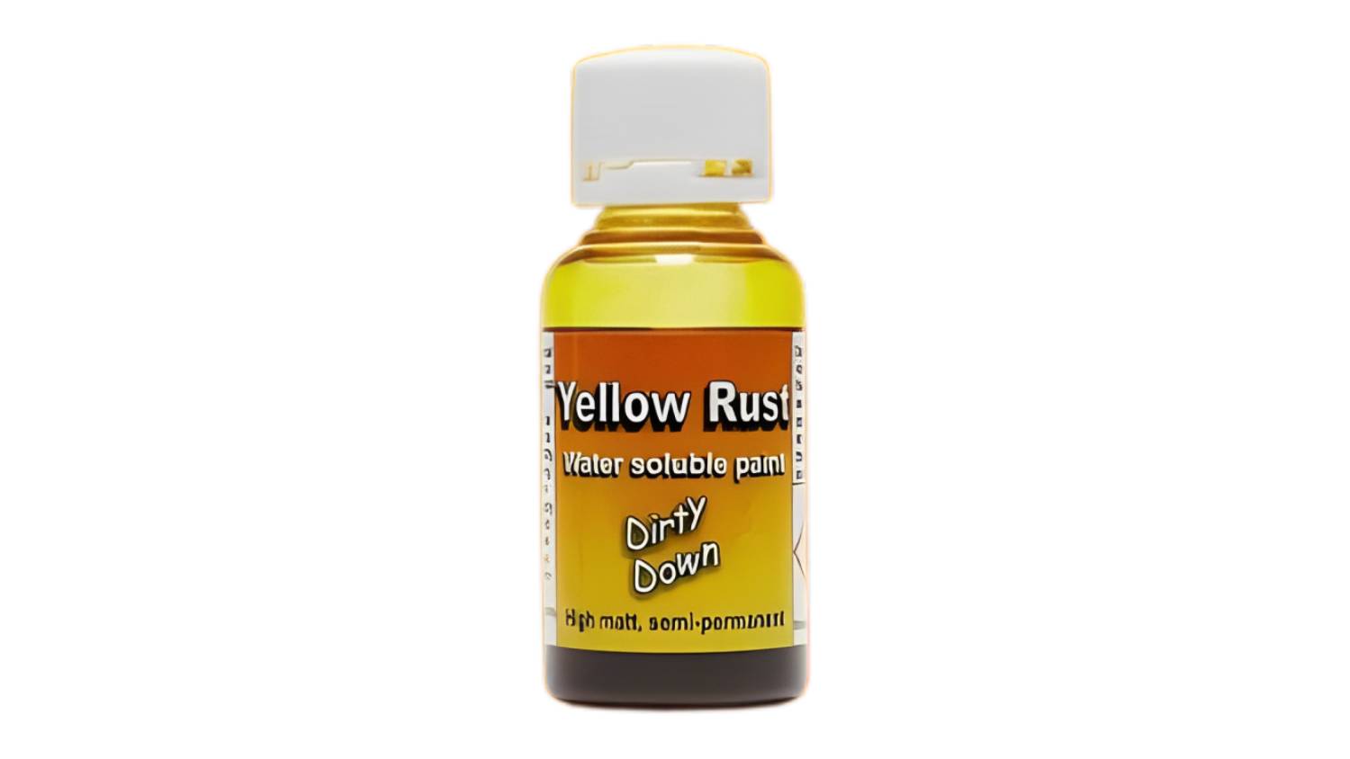 Dirty Down Yellow Rust paint bottle labelled as water-soluble and with a high matte finish