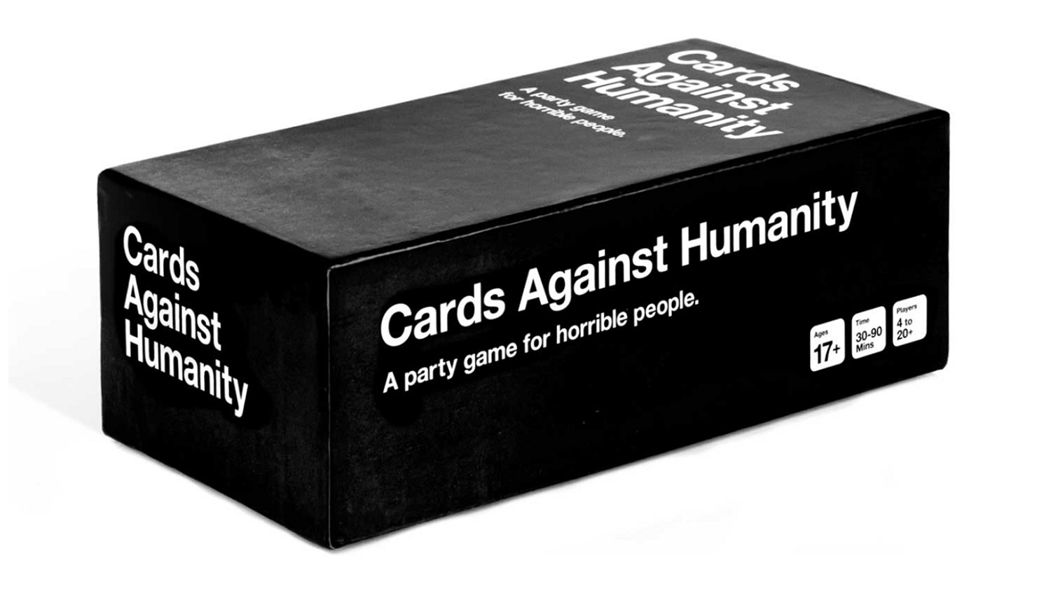 A sleek black box packaging for the Cards Against Humanity