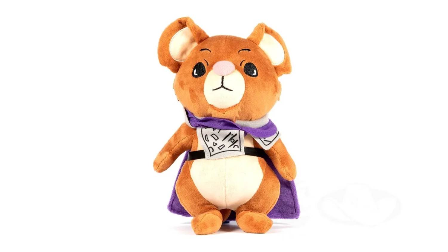 Brown mouse plush toy in purple cape