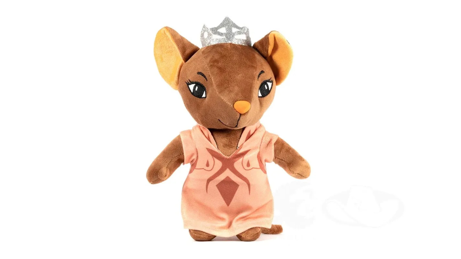 Plush mouse toy in pink dress and silver crown 