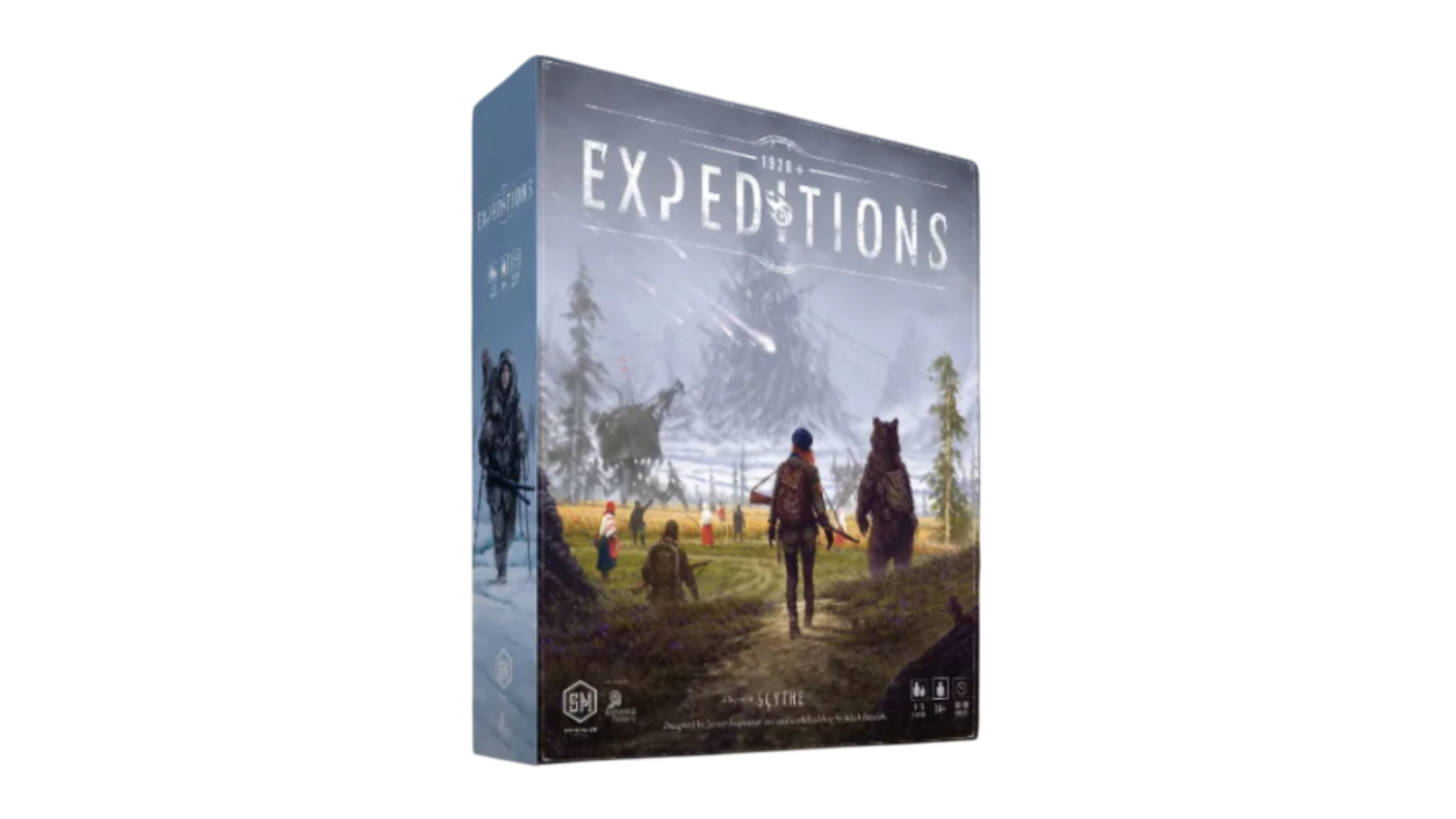 Board game box for "Expeditions" showing a person and a bear approaching a mechanical creature in a forest