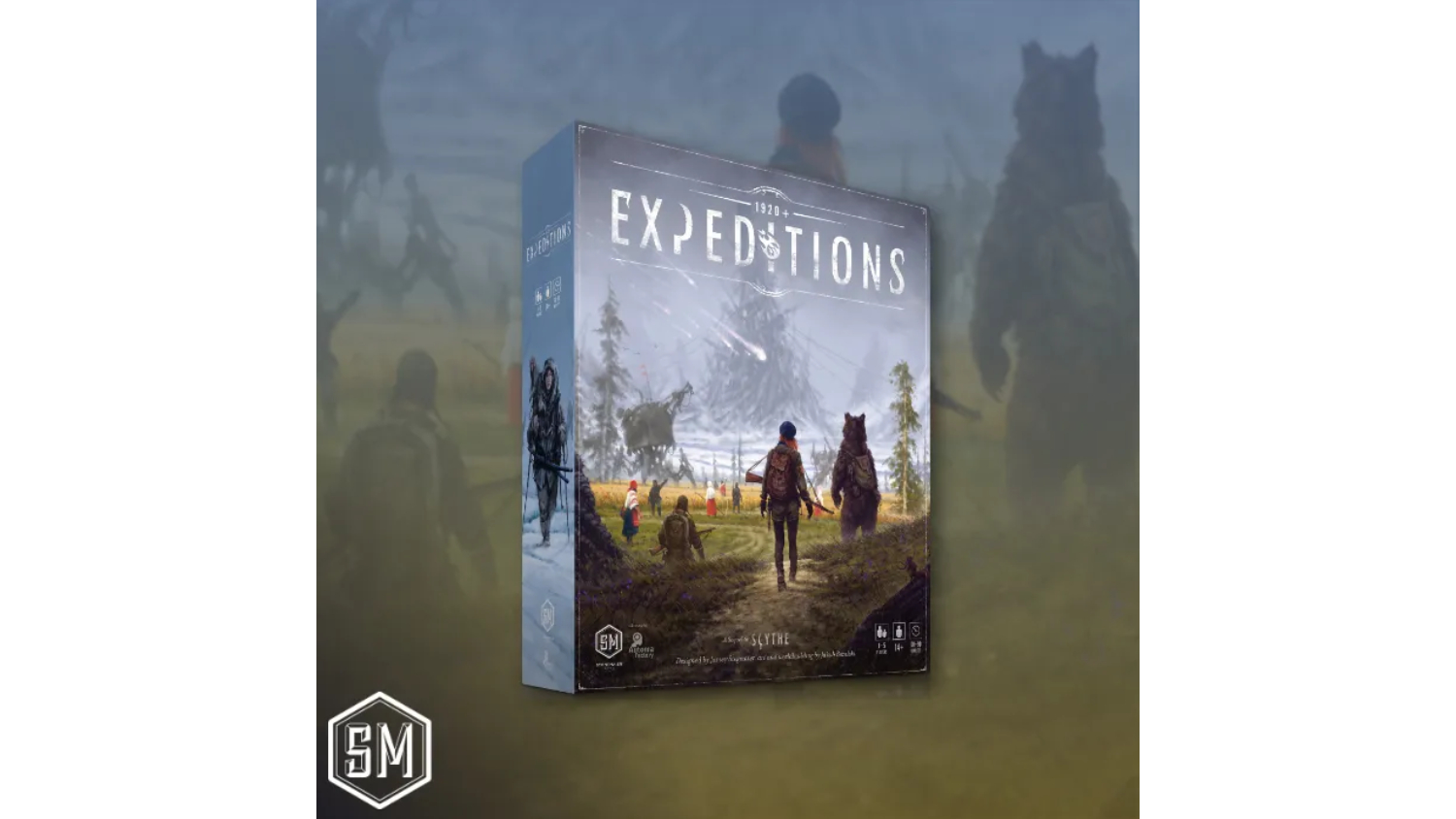 Game box cover of 'Expeditions' showing a person and a bear walking toward a snowy mountain