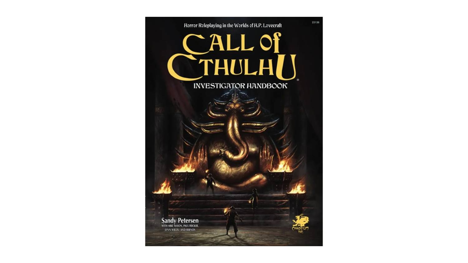 Call of Cthulhu cover with tentacled statue, flames, and three people approaching in darkness