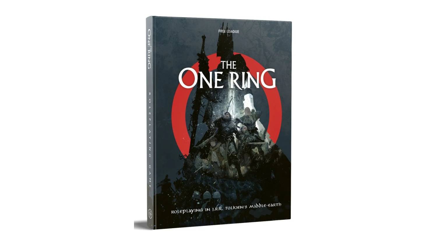The One Ring RPG cover showing adventurers in a dark mountain scene with a glowing red ring behind them