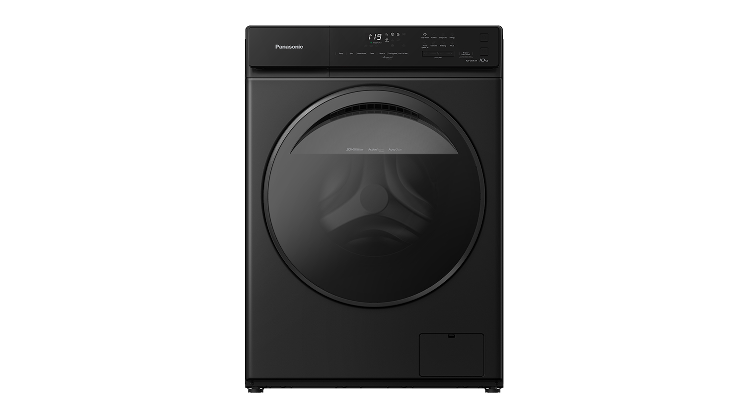 A front view of a black Panasonic front load washing machine