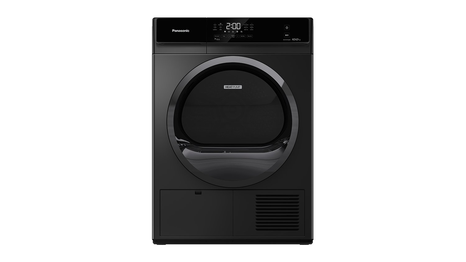 Front view of the black Panasonic 10kg Heat Pump Condenser Dryer