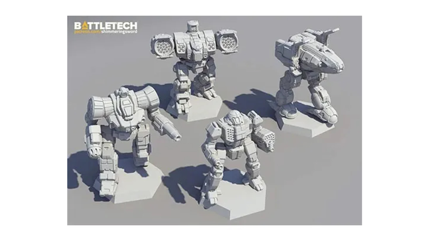 A cover featuring a group of four unpainted battle mech miniatures