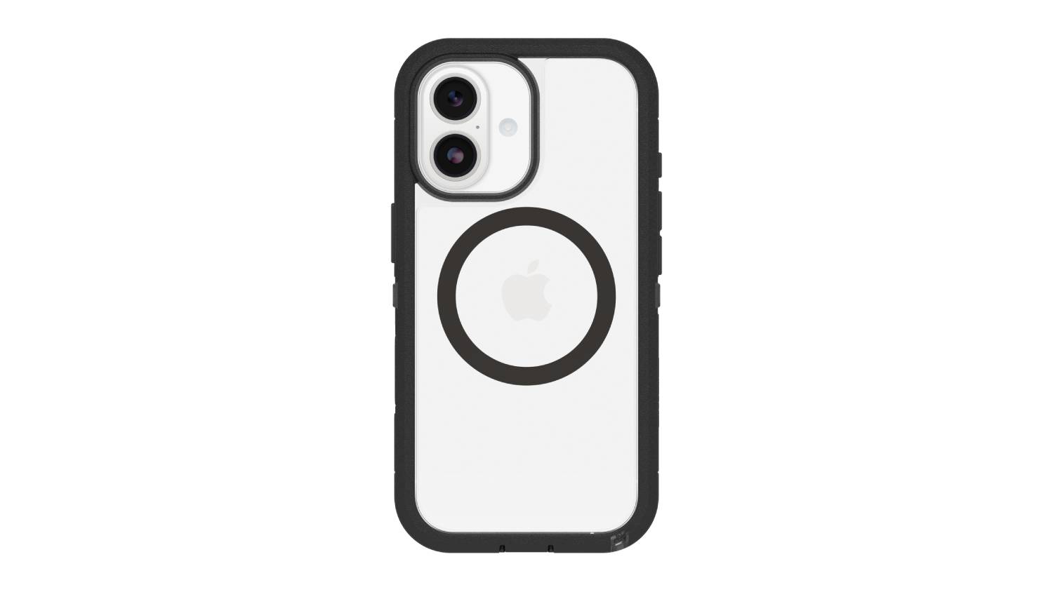 Back view of a white iPhone in a black case, showing dual cameras, Apple logo, and circular design around the logo