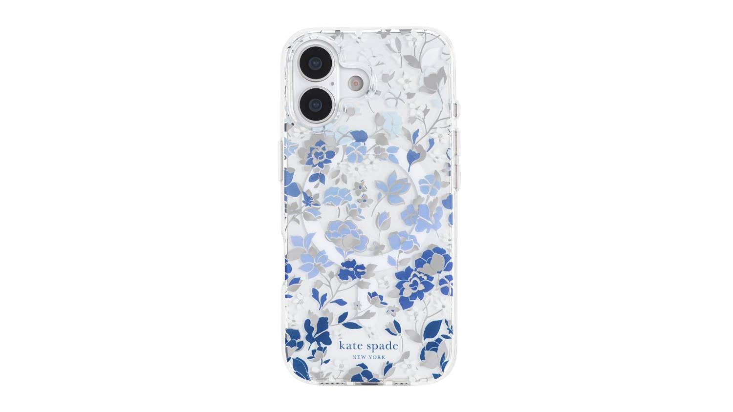 An iPhone case with a blue and grey floral design, Kate Spade New York logo at the bottom
