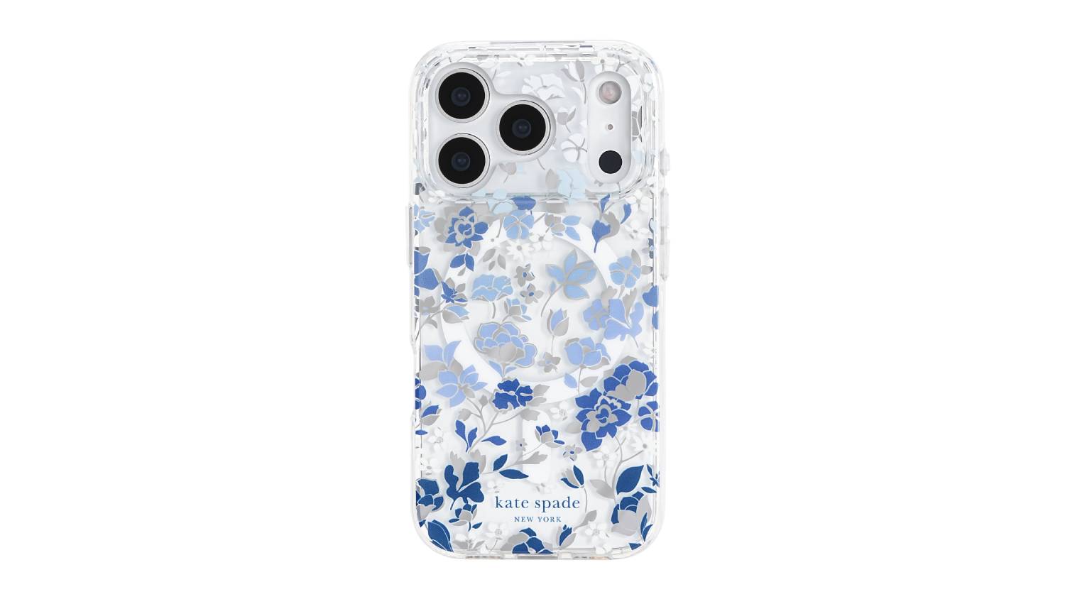 An iPhone case with a blue and grey floral design, Kate Spade New York logo at the bottom