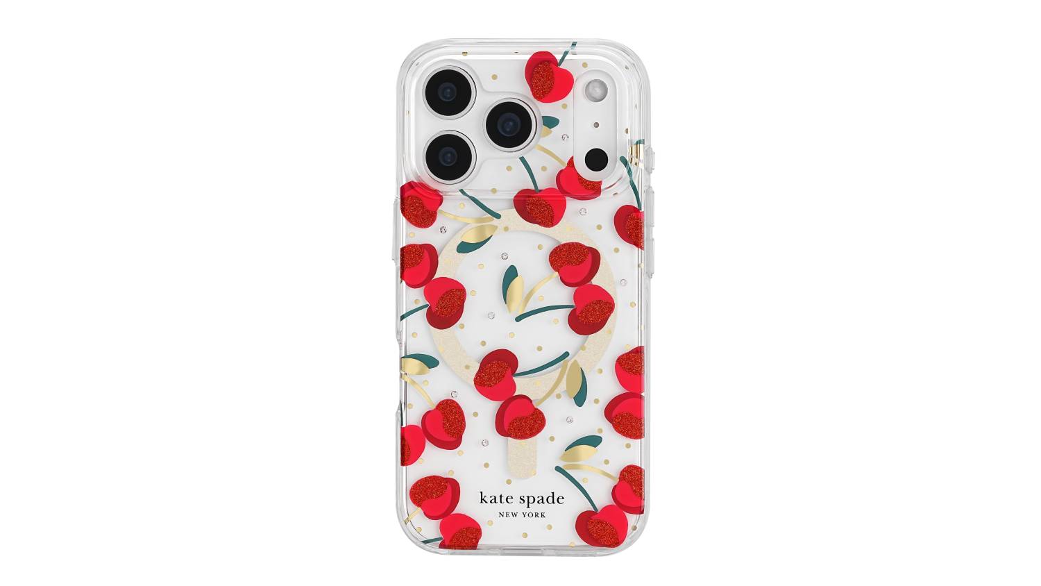 A phone case with a red cherry and green leaf design, Kate Spade New York logo at the bottom