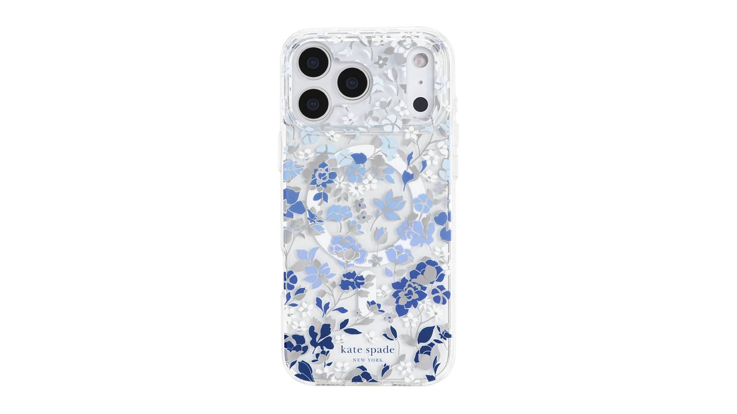 iPhone case with blue and grey floral design, Kate Spade New York logo at the bottom