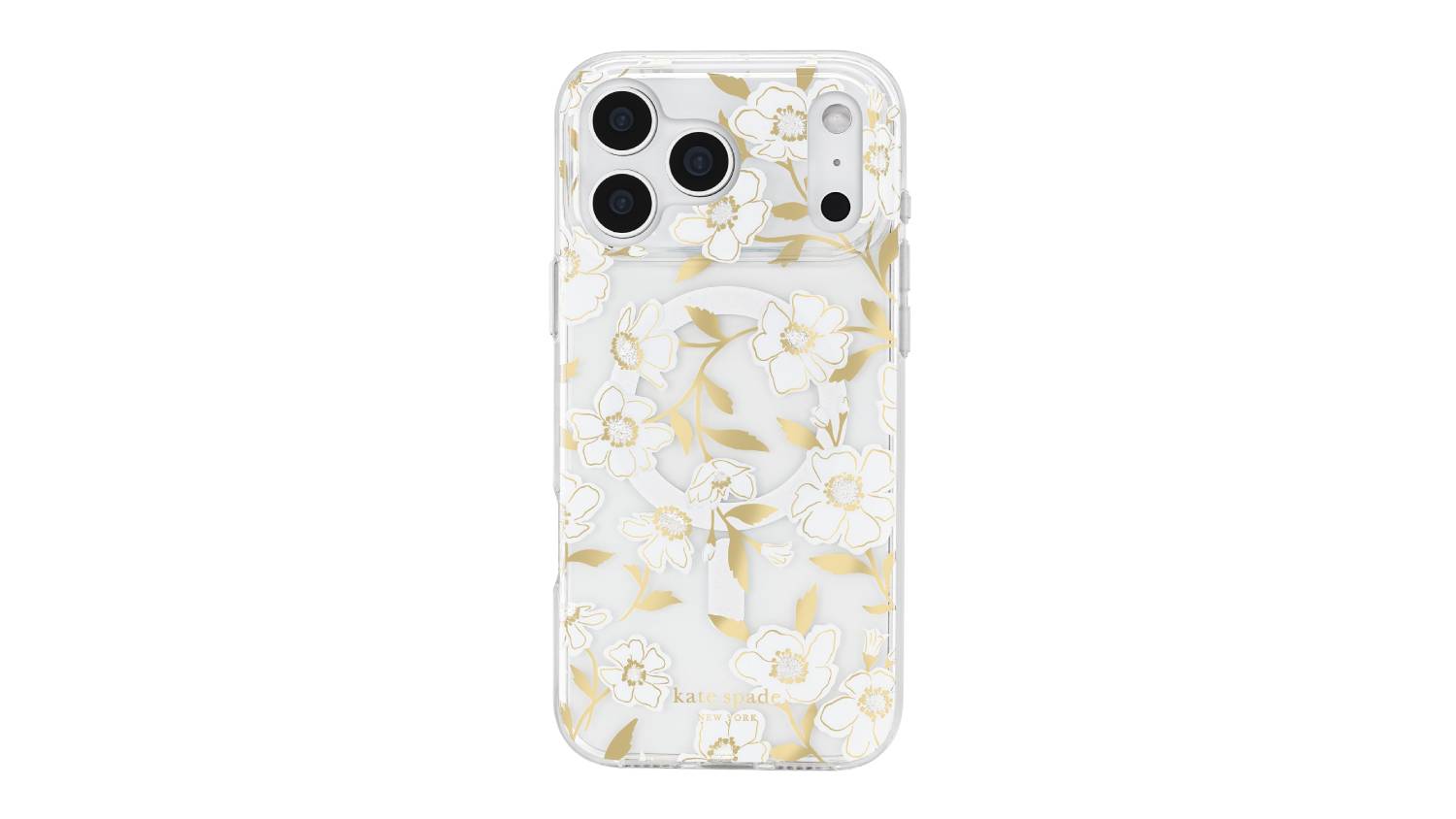 A phone case with a gold and white floral design, triple camera cutout, and Kate Spade branding at the bottom.