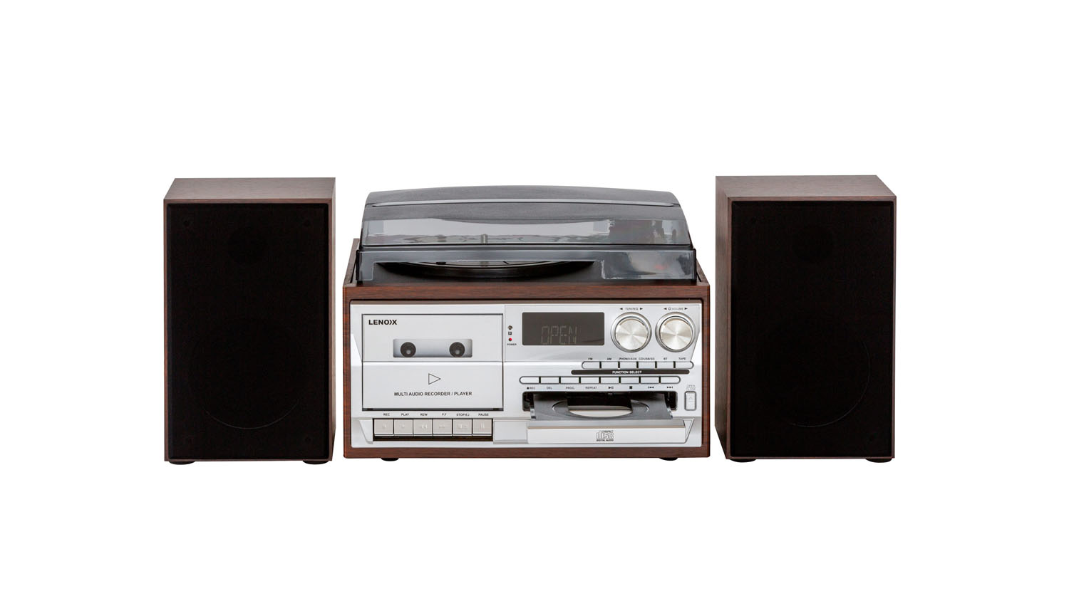 Lennox Hi-Fi Multimedia Entertainment System for Vinyl, CD, Cassette, AUX - Brown