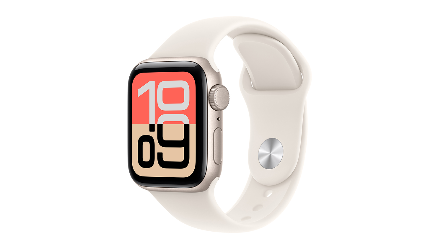 An angled view of Apple Watch SE 3, featuring its Starlight Aluminium Case and Starlight Sport Band