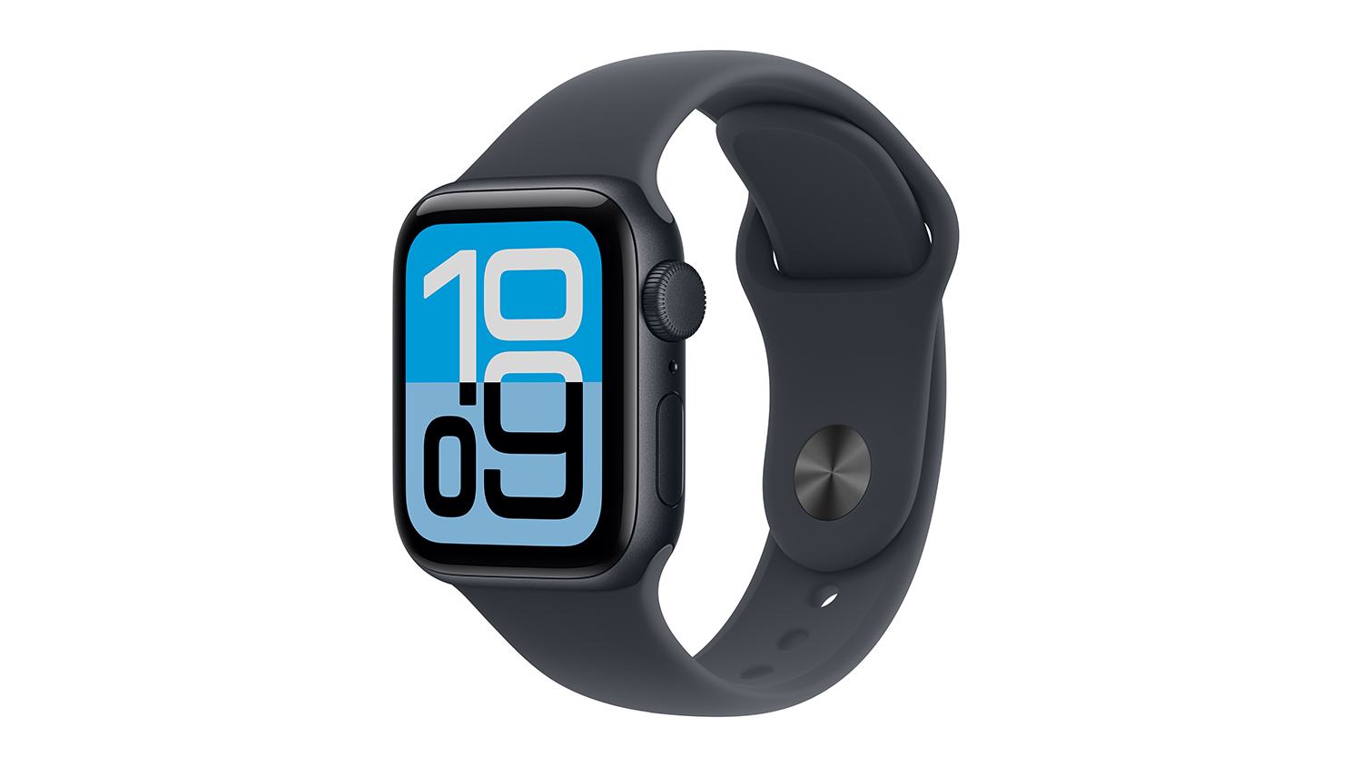 An angled view of Apple Watch SE 3, featuring its Midnight Aluminium Case and Midnight Sport Band