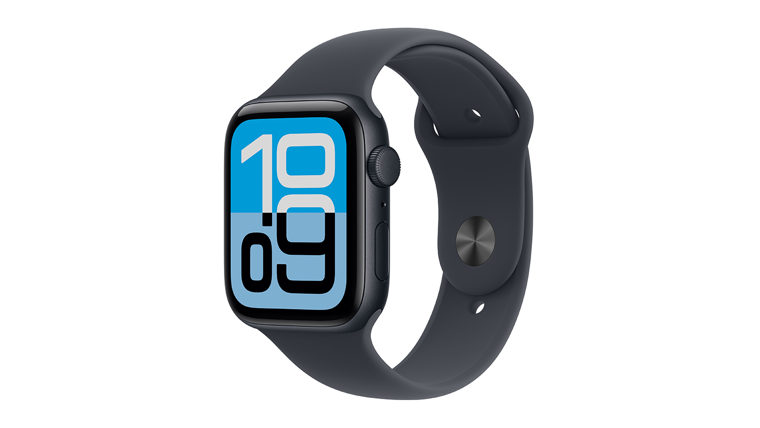 An angled view of Apple Watch SE 3, featuring its Midnight Aluminium Case and Midnight Sport Band