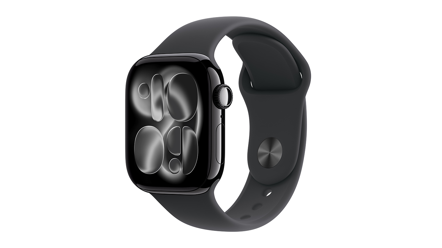 Apple Watch Series 11 in jet black aluminium with black sport band displays a modern abstract watch face